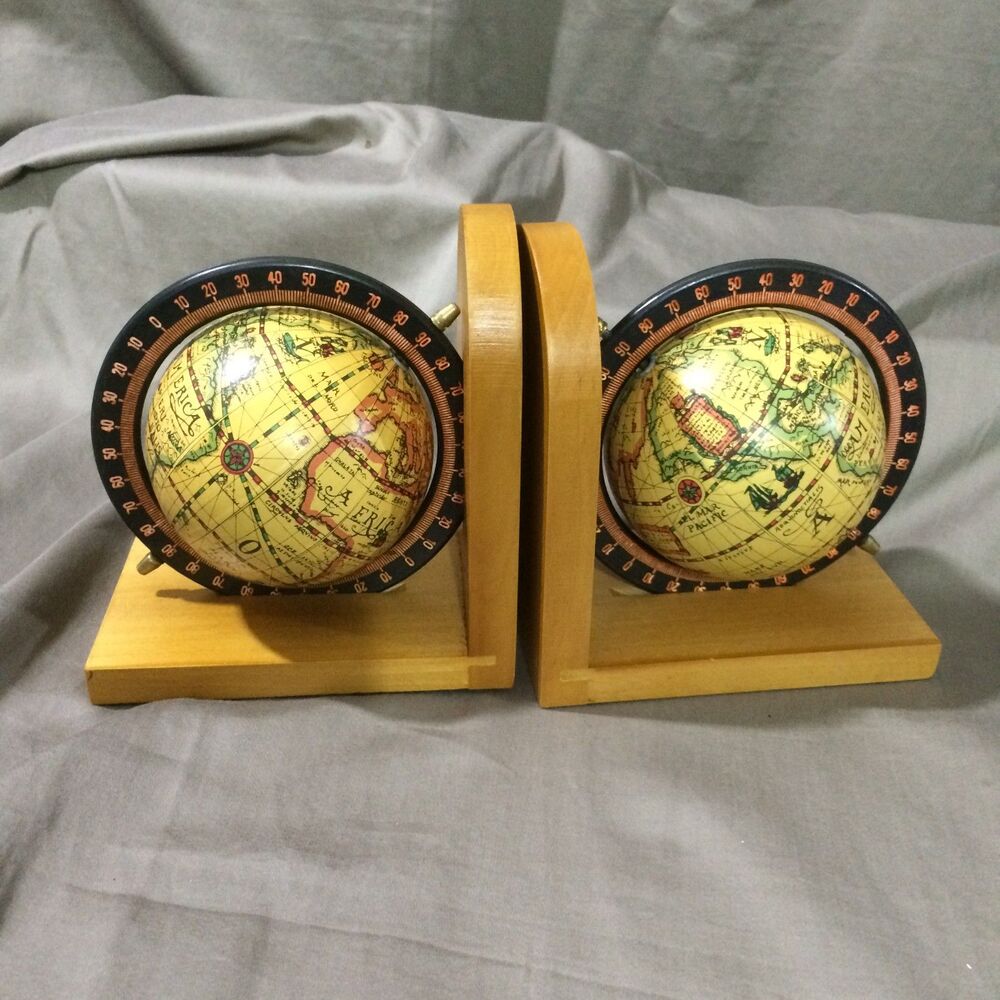 Rotating Globe Wooden Bookends Set Spinning World Map Library Office Decor
